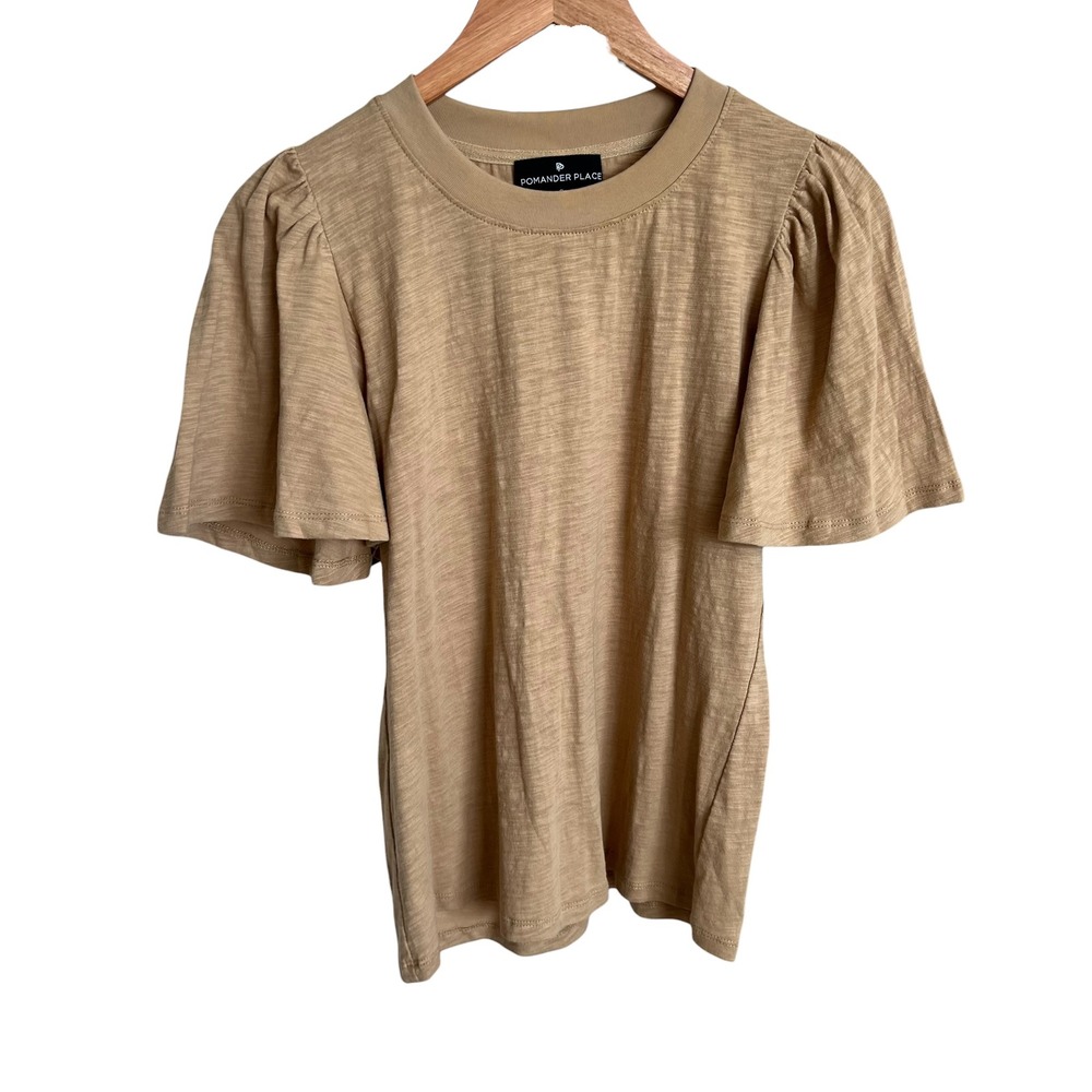 Tuckernuck Pomander Place Tan Flutter Short Sleeve 100% Cotton Blouse SZ S